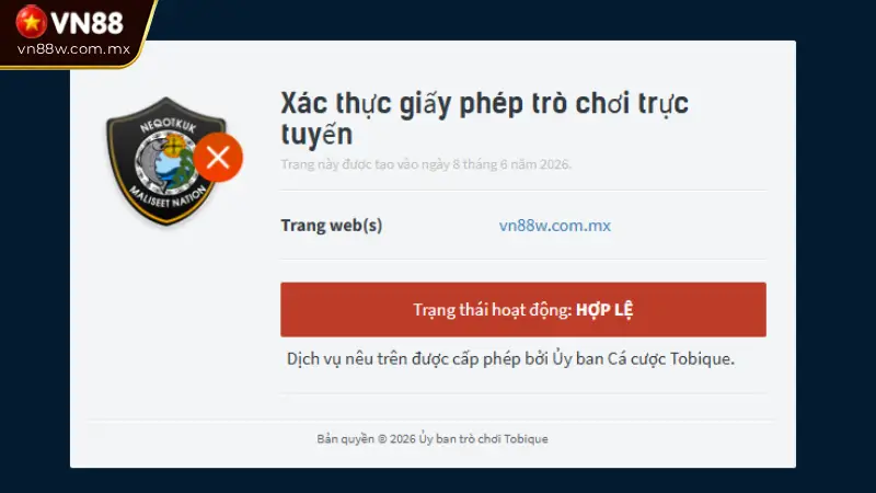 Chứng Nhận Hợp Lệ Ủy ban Cá cược Tobique của VN88
